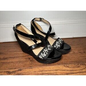 Liz Claiborne Shoes Womens Size 8M Black Wedge Sandals Embroidered Floral Heel